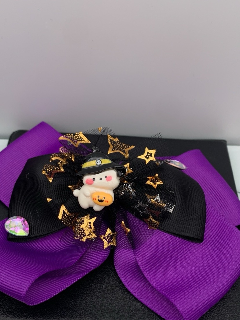 NWOT Purple and Black Halloween Bow Hair Clip with Cute Ghost Charm 5 inches